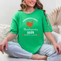 May include matching family t-shirts with a Thankful Fall theme, personalized with individual names, designed for Thanksgiving gatherings.