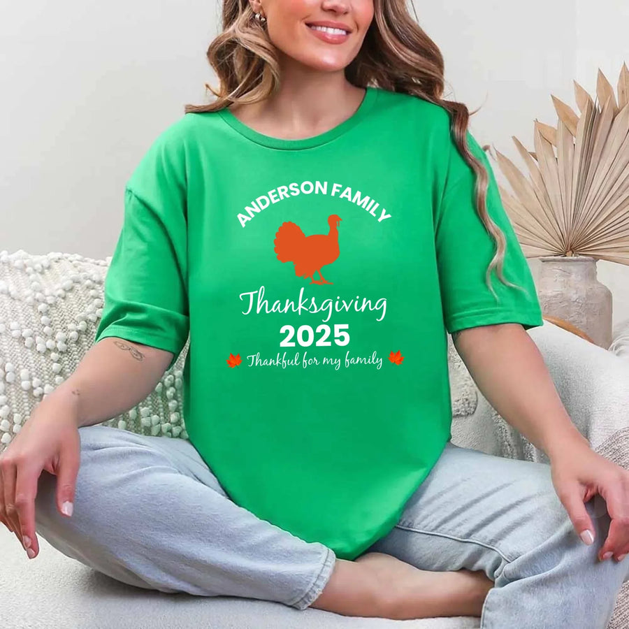 May include matching family t-shirts with a Thankful Fall theme, personalized with individual names, designed for Thanksgiving gatherings.