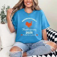 May include matching family t-shirts with a Thankful Fall theme, personalized with individual names, designed for Thanksgiving gatherings.