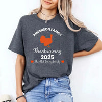 May include matching family t-shirts with a Thankful Fall theme, personalized with individual names, designed for Thanksgiving gatherings.