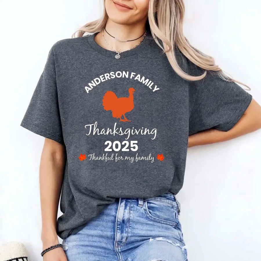 May include matching family t-shirts with a Thankful Fall theme, personalized with individual names, designed for Thanksgiving gatherings.