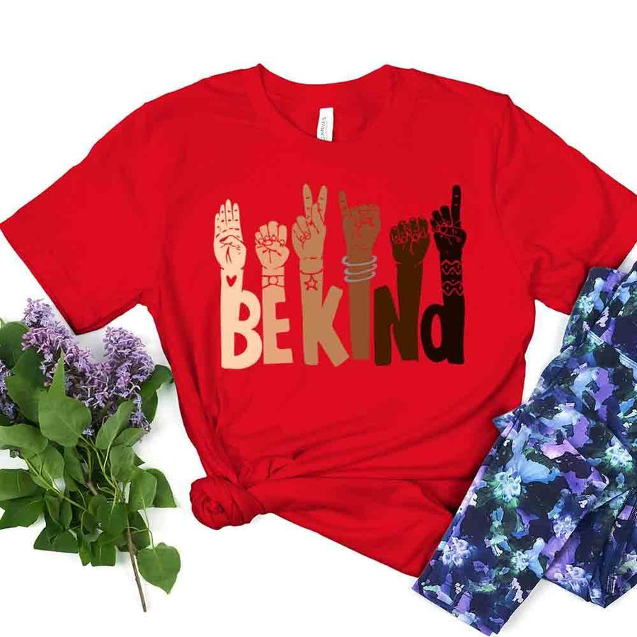 May include a graphic design featuring the phrase “BE KIND,” with each letter creatively formed by illustrated hands making various sign language gestures in different skin tones, symbolizing kindness, inclusion, and diversity.