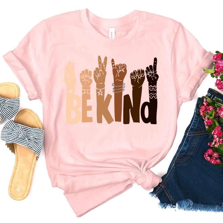 May include a graphic design featuring the phrase “BE KIND,” with each letter creatively formed by illustrated hands making various sign language gestures in different skin tones, symbolizing kindness, inclusion, and diversity.