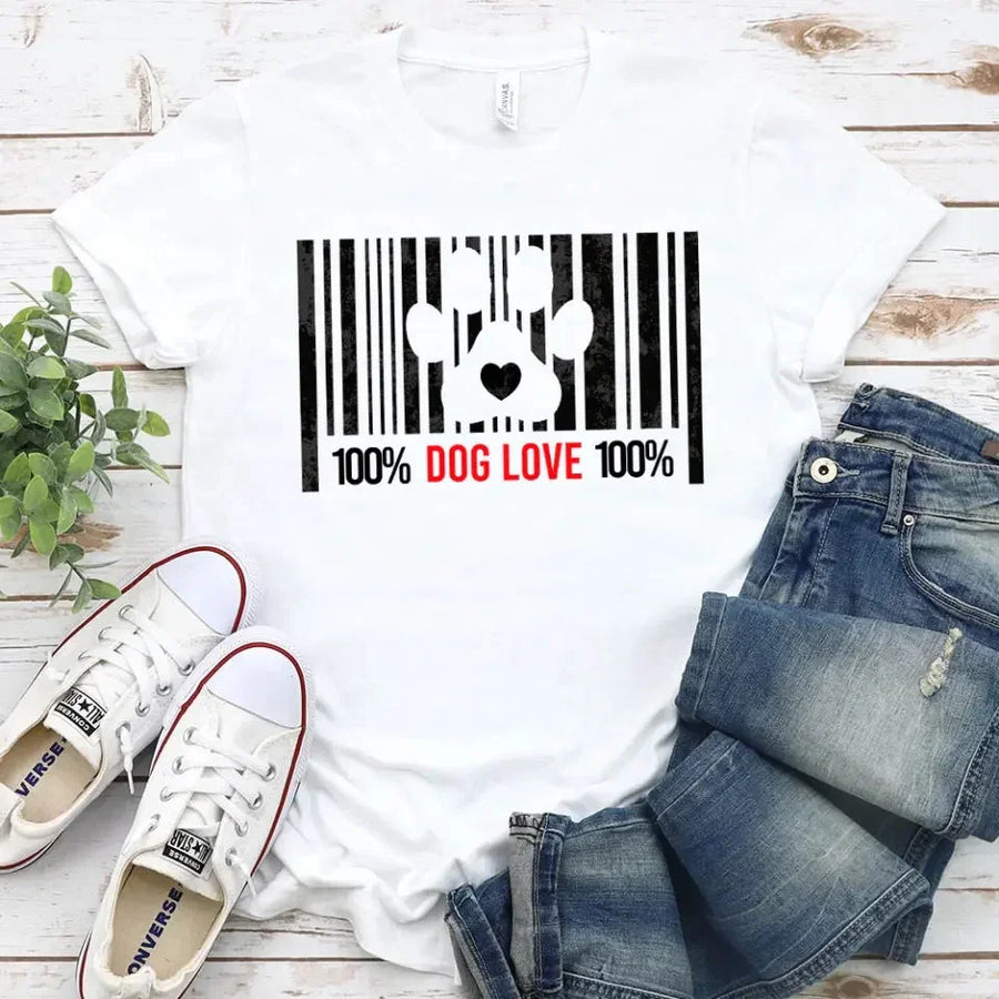 White t-shirt with barcode and paw print graphic, text 100% Dog Love, pet lover tee.