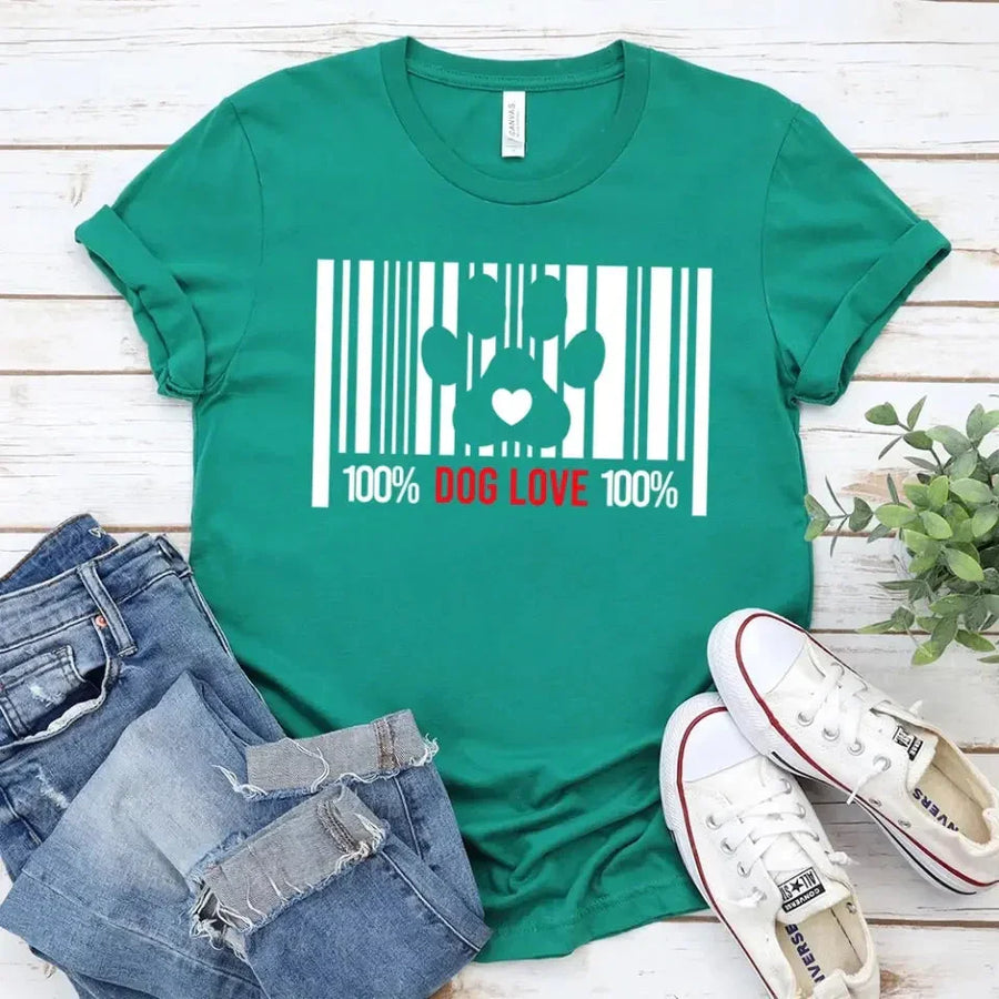 Green t-shirt with barcode, dog paw print, and '100% Dog Love' graphic for pet lovers
