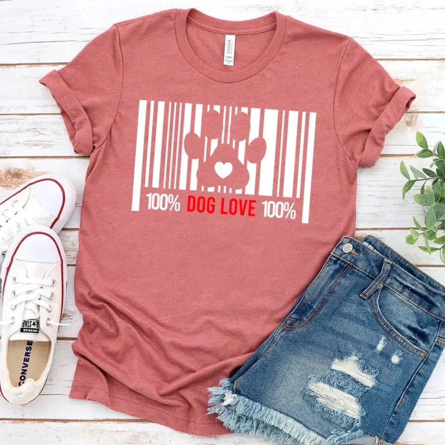 Pink tee with barcode, paw print, heart, and '100% Dog Love' for pet lovers