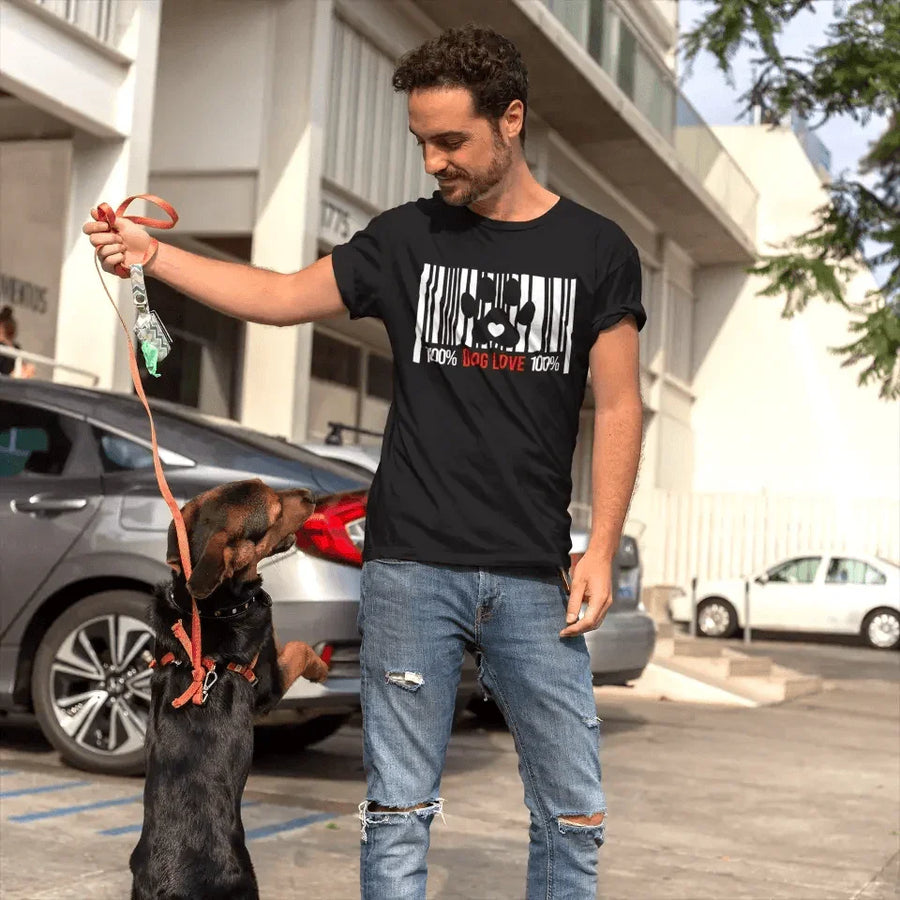 Man wearing dog lover barcode paw print t-shirt walking a dog outdoors