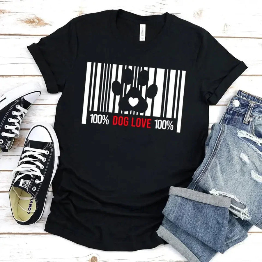 Black dog lover t-shirt with barcode and paw print design, styled with denim shorts and sneakers