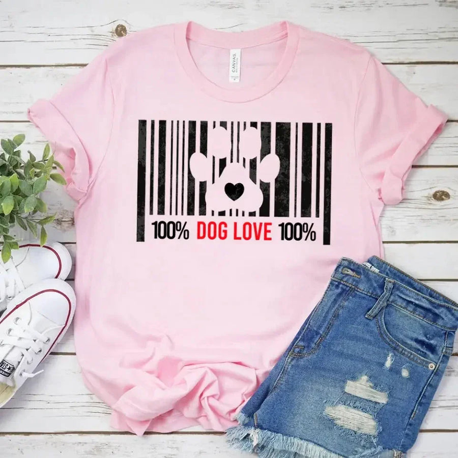 Pink t-shirt with barcode and paw print design, 100% Dog Love text, pet lover tee