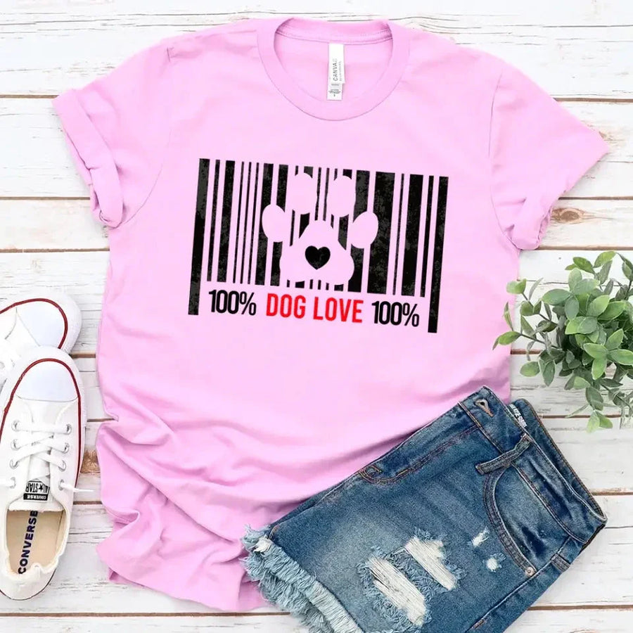 Pink dog lover t-shirt with barcode and paw print design, paired with denim shorts and sneakers
