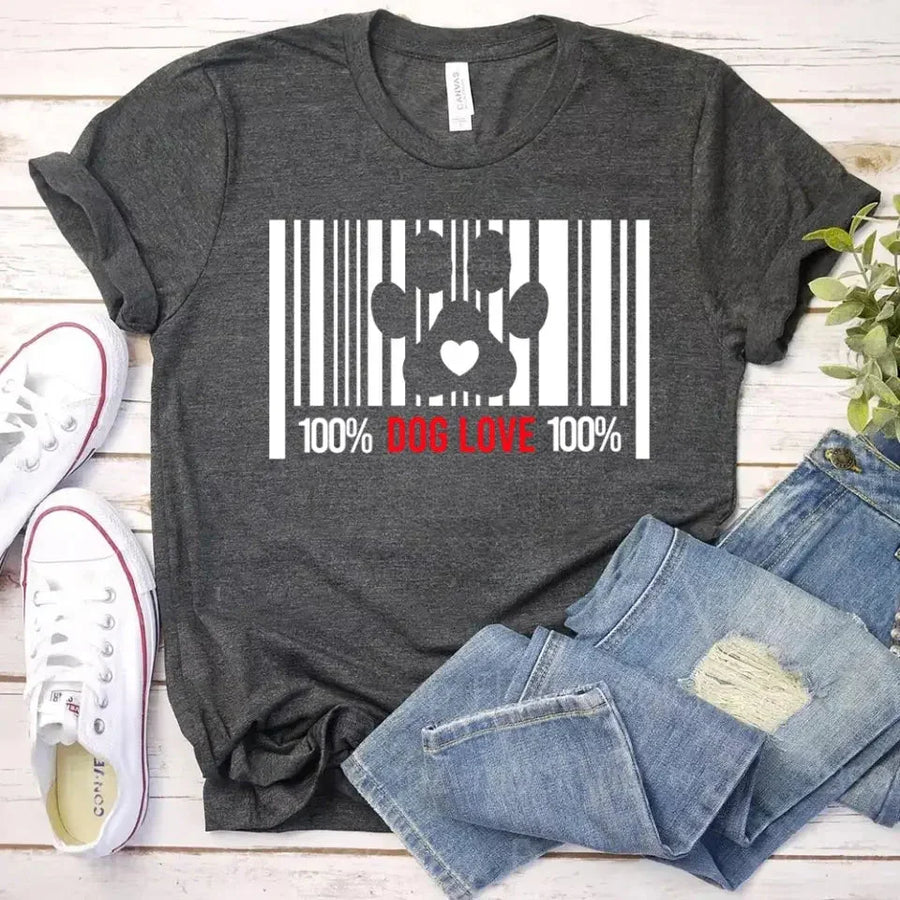 Charcoal gray tee with barcode, paw print, and '100% Dog Love' graphic for pet lovers