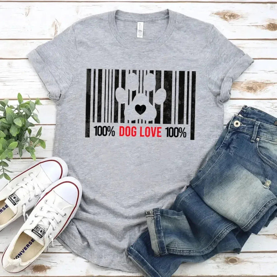 Gray tee with barcode and paw print graphic, 100% Dog Love text, pet lover shirt