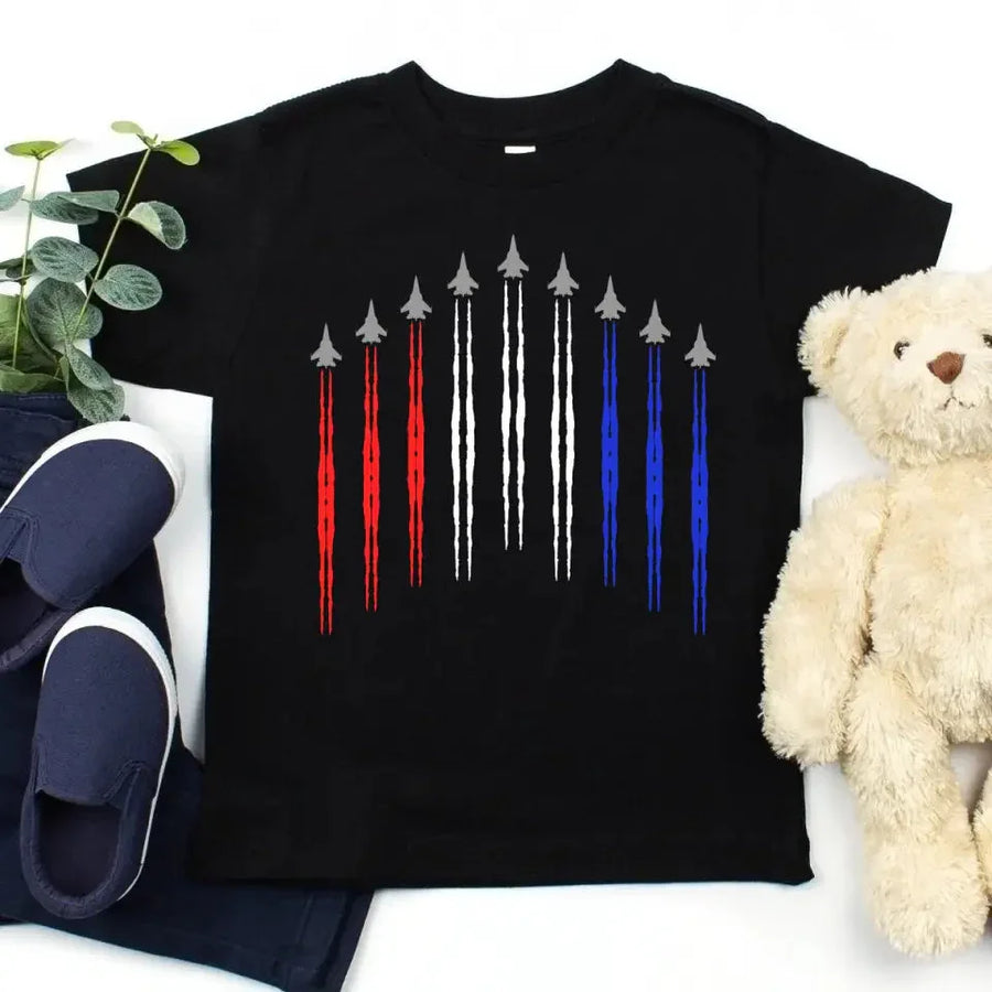 Black t-shirt with jet flyover and red, white, blue trails, kids' patriotic shirt
