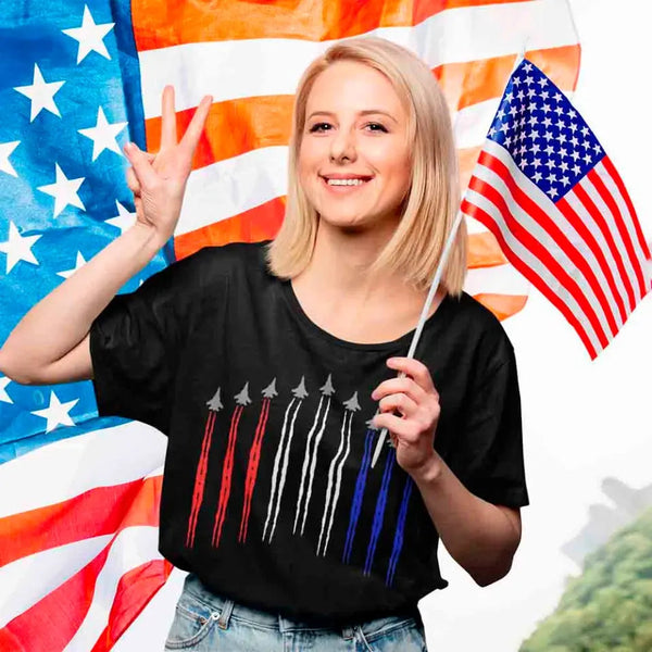 women wear Customizer - Air Force Flyover Red White And Blue T-shirt