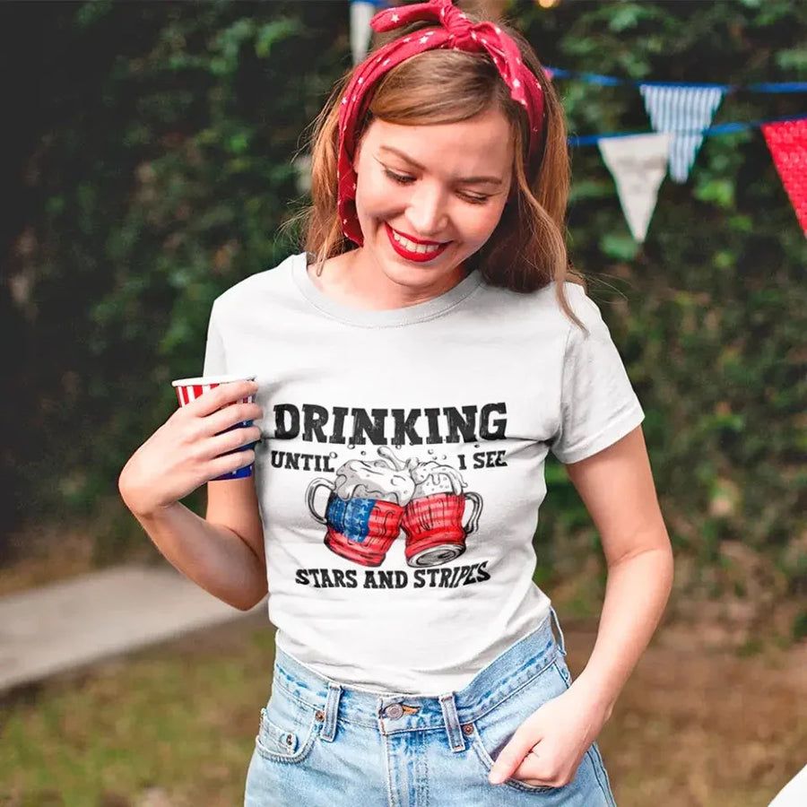 Person wearing Drinking Until I See The Stars And Stripes Tee