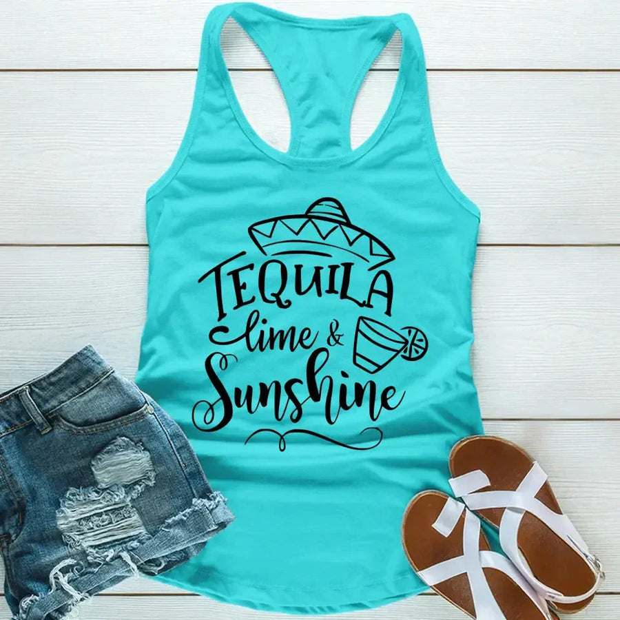 May include a sleeveless tank top with the phrase Tequila Lime and Sunshine Friends printed on the front.