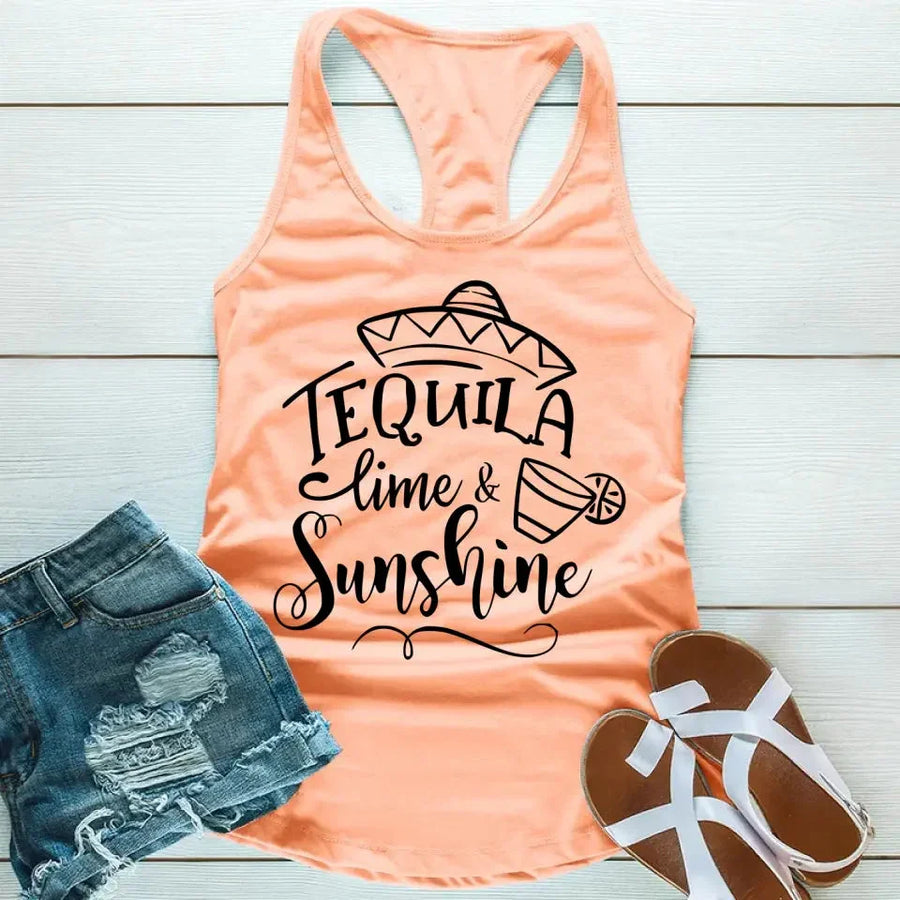 May include a sleeveless tank top with the phrase Tequila Lime and Sunshine Friends printed on the front.