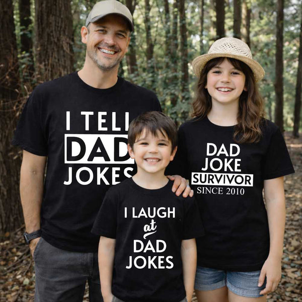 May include a father and family wearing matching t-shirts with a “Dad Jokes” graphic.