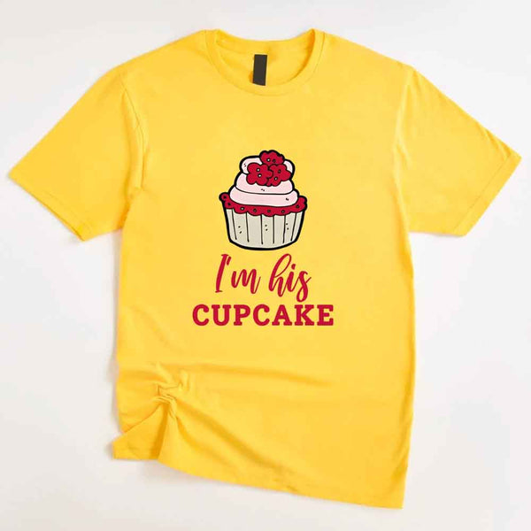 May include a cupcake-themed couple t-shirt with playful graphics symbolizing love and sweetness.