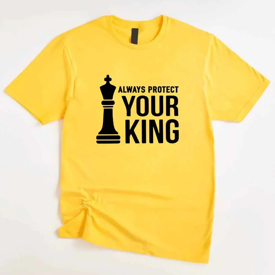 May include matching Chess Royalty Queen and King couple T-shirts in black with chess-inspired graphic designs