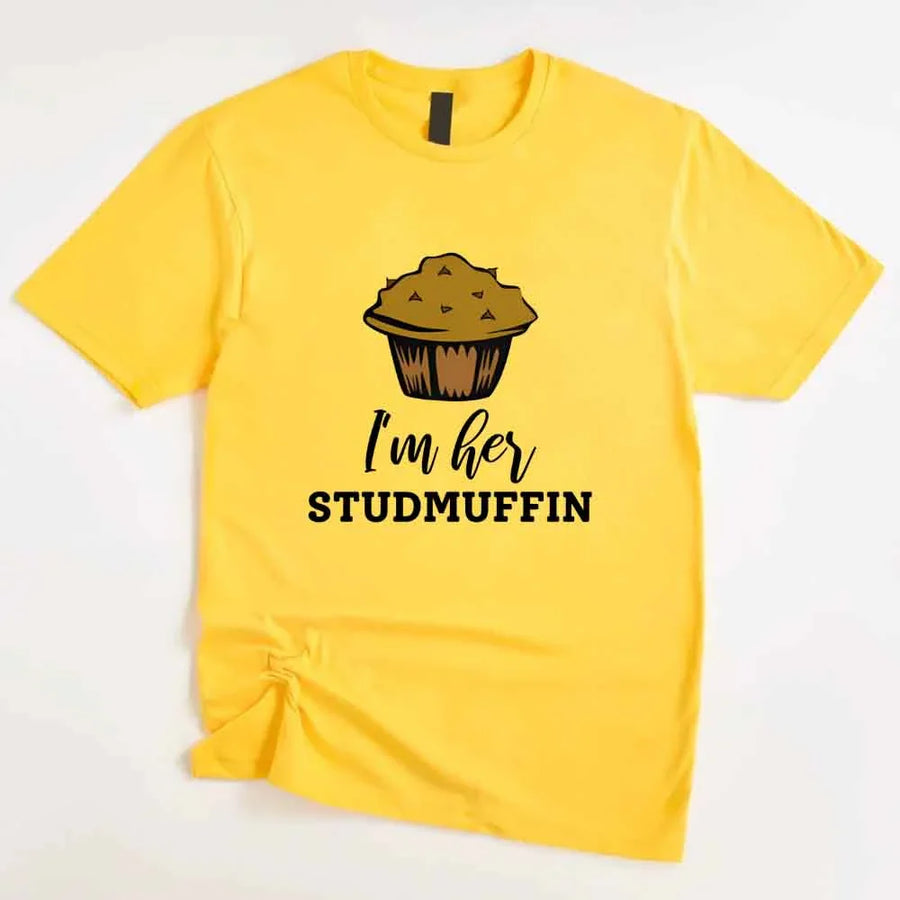 May include a cupcake-themed couple t-shirt with playful graphics symbolizing love and sweetness.