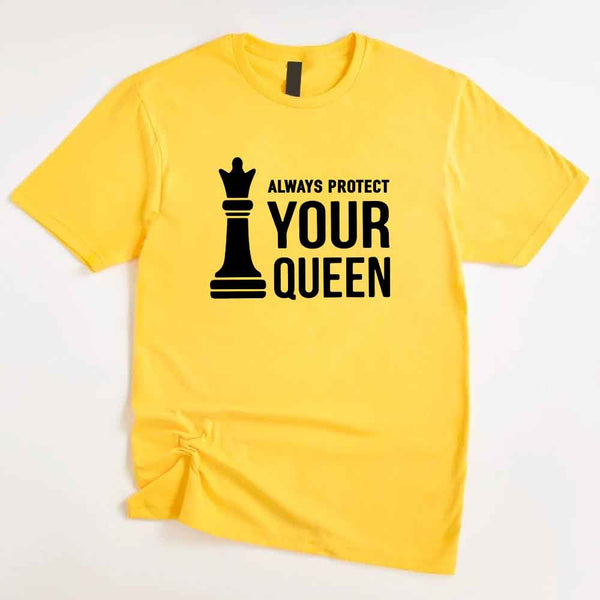 May include matching Chess Royalty Queen and King couple T-shirts in black with chess-inspired graphic designs