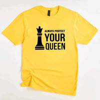 May include matching Chess Royalty Queen and King couple T-shirts in black with chess-inspired graphic designs