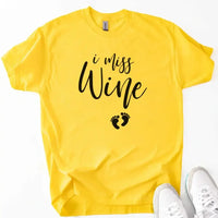 Yellow custom tee with 'I miss Wine' text and baby footprints, casual personalized gift shirt