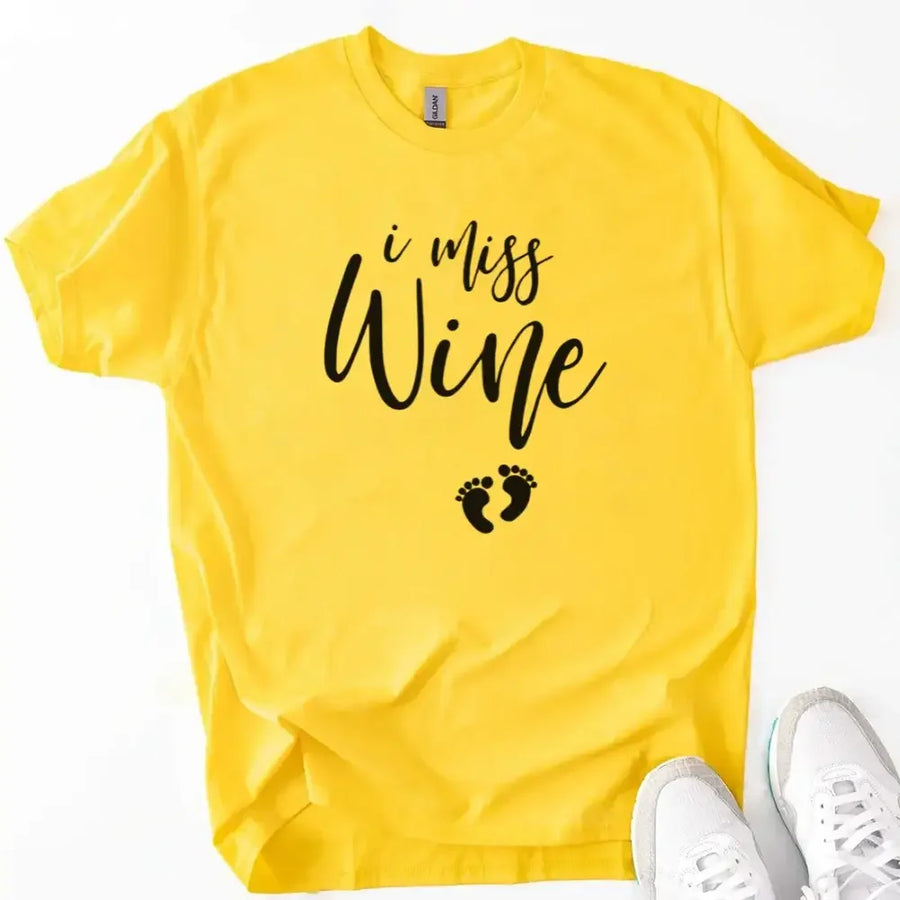 Yellow custom tee with 'I miss Wine' text and baby footprints, casual personalized gift shirt