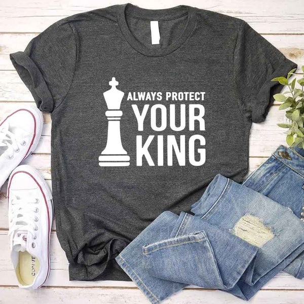May include matching Chess Royalty Queen and King couple T-shirts in black with chess-inspired graphic designs