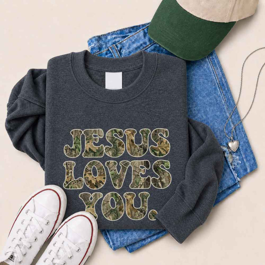 Jesus Loves You Camouflage Sweatshirt - Religious Message Sweatshirt