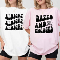 May include group in colorful tie-dye shirts reading “Dazed & Engaged,” smiling at a bachelorette party, with bride in veil and fun, festive vibe!