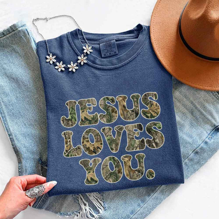 Jesus Loves You Camouflage Comfort Colors - Faith Based Graphic Tee