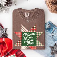 May include an O Come Let Us Adore Him Comfort Colors Christmas T-Shirt featuring a Christian holiday message inspired by a beloved Christmas hymn, designed for church services, family gatherings, worship events, and meaningful seasonal gifting.
