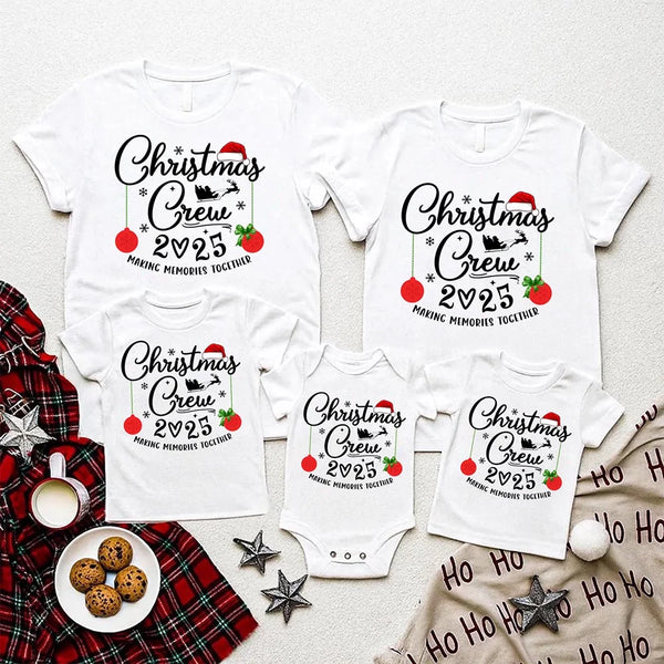May include matching family Christmas T-shirts with “Family Christmas Crew 2025 – Making Memories Together” festive text and holiday graphics.