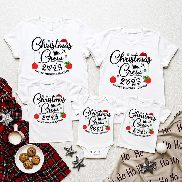 May include matching family Christmas T-shirts with “Family Christmas Crew 2025 – Making Memories Together” festive text and holiday graphics.