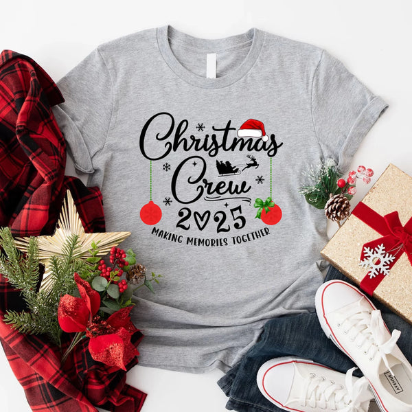 May include matching family Christmas T-shirts with “Family Christmas Crew 2025 – Making Memories Together” festive text and holiday graphics.