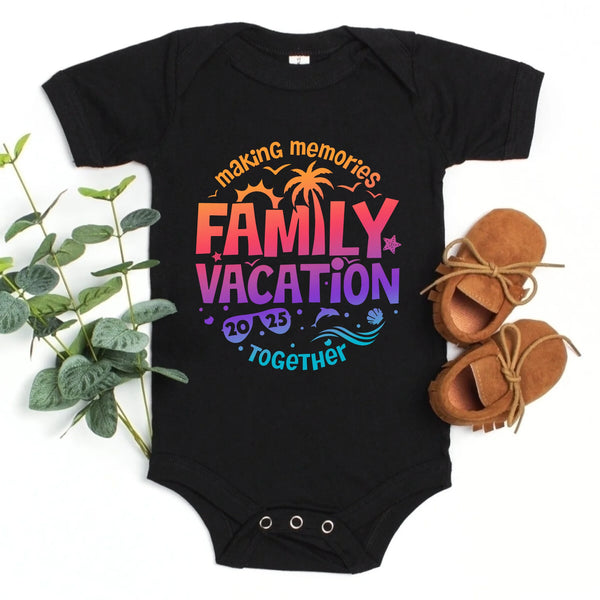 May include a set of matching family vacation t-shirts featuring the phrase “Family Vacation 2025” in playful or stylish lettering. The design may include travel-themed graphics such as palm trees, suns, or airplanes, symbolizing togetherness and creating lasting memories for parents, kids, and baby.