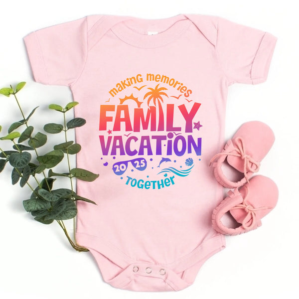 May include a set of matching family vacation t-shirts featuring the phrase “Family Vacation 2025” in playful or stylish lettering. The design may include travel-themed graphics such as palm trees, suns, or airplanes, symbolizing togetherness and creating lasting memories for parents, kids, and baby.