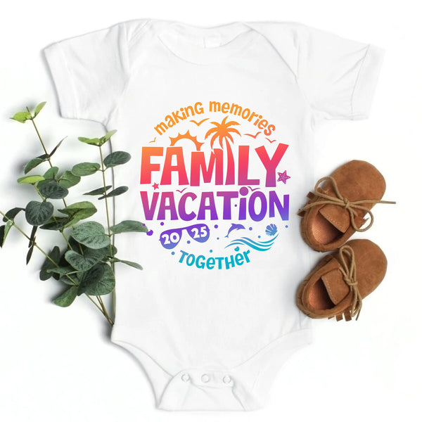 May include a set of matching family vacation t-shirts featuring the phrase “Family Vacation 2025” in playful or stylish lettering. The design may include travel-themed graphics such as palm trees, suns, or airplanes, symbolizing togetherness and creating lasting memories for parents, kids, and baby.