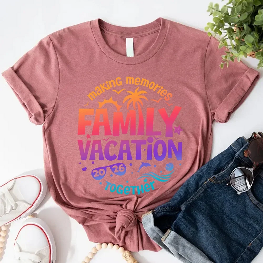 May include family wearing matching Family Vacation 2026 shirts for parents, kids, and babies, ideal for trips or photos.