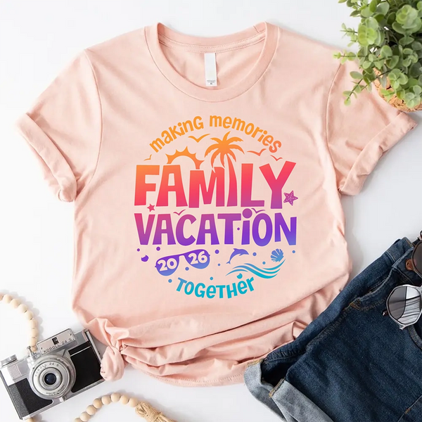 May include family wearing matching Family Vacation 2026 shirts for parents, kids, and babies, ideal for trips or photos.