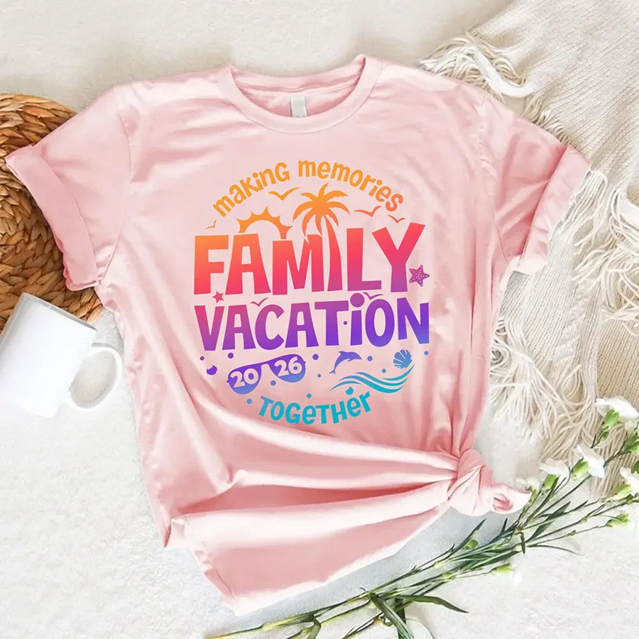 May include family wearing matching Family Vacation 2026 shirts for parents, kids, and babies, ideal for trips or photos.