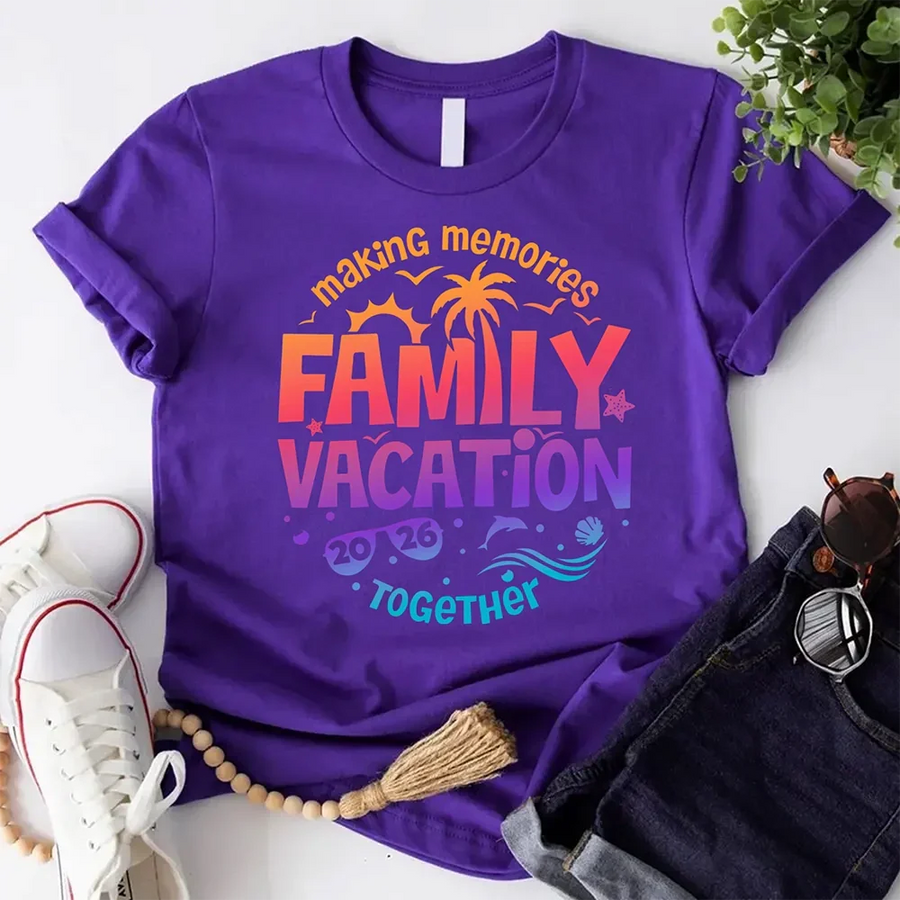 May include family wearing matching Family Vacation 2026 shirts for parents, kids, and babies, ideal for trips or photos.
