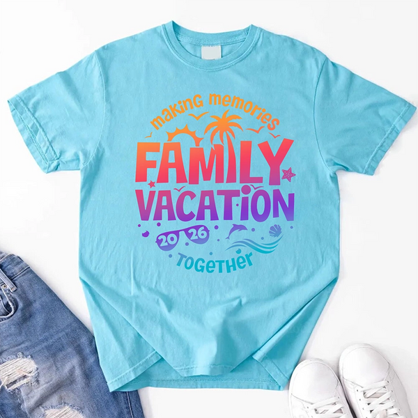 May include family wearing matching Family Vacation 2026 shirts for parents, kids, and babies, ideal for trips or photos.