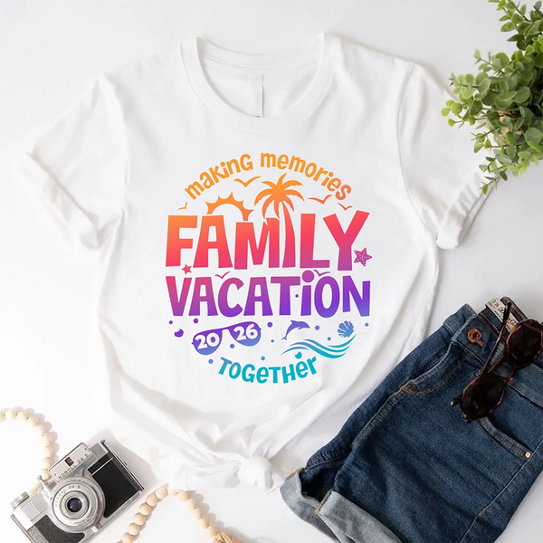 May include family wearing matching Family Vacation 2026 shirts for parents, kids, and babies, ideal for trips or photos.