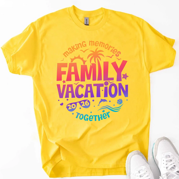May include family wearing matching Family Vacation 2026 shirts for parents, kids, and babies, ideal for trips or photos.