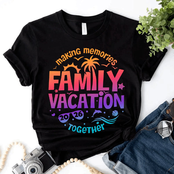 May include family wearing matching Family Vacation 2026 shirts for parents, kids, and babies, ideal for trips or photos.