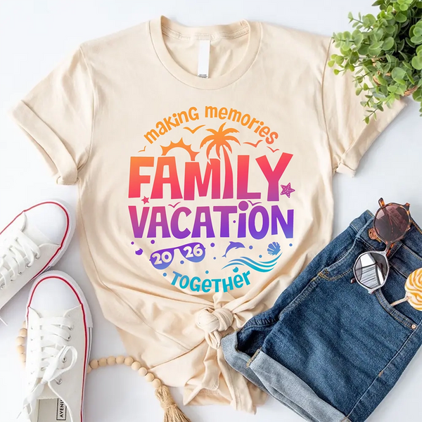 May include family wearing matching Family Vacation 2026 shirts for parents, kids, and babies, ideal for trips or photos.