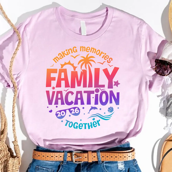 May include family wearing matching Family Vacation 2026 shirts for parents, kids, and babies, ideal for trips or photos.